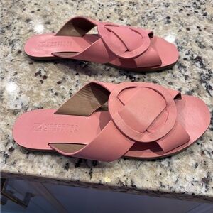 MERCEDES CASTILLO Coral Pink Leather Slide Mules with Decorative Buckle
